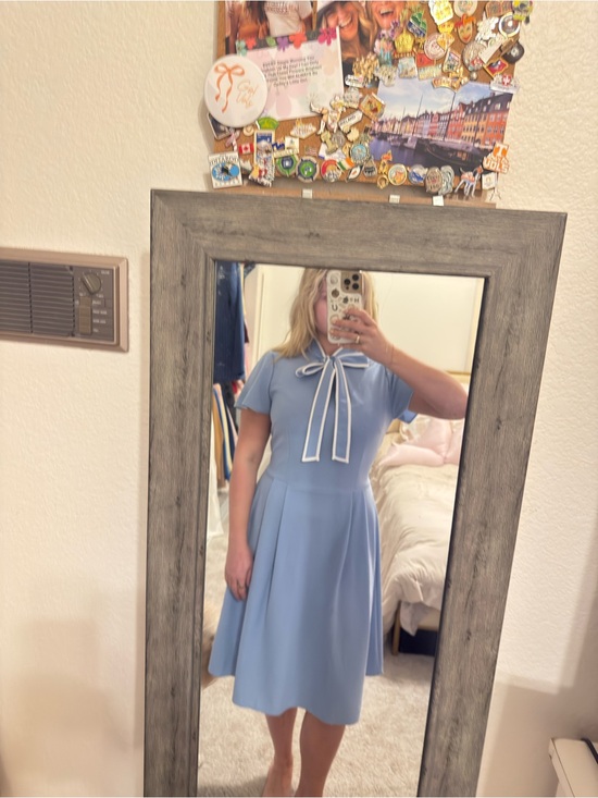 Dresses & Skirts - Classic Light Blue Tie-Neck Midi Dress with White Trim